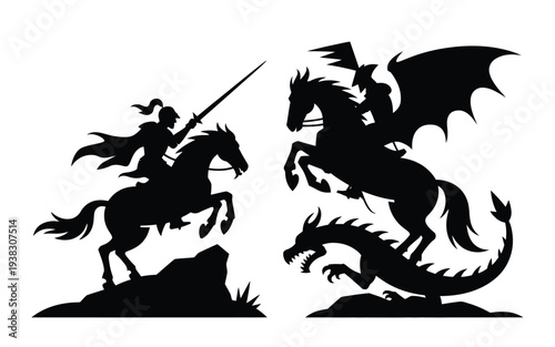 Silhouettes of knights on horseback battling mythical creatures dynamic poses dramatic action scenes fantasy elements black and white artwork heroic figures