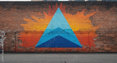 Bright triangle mural in striking blue tones decorating a rugged brick wall for lively asphalt festival