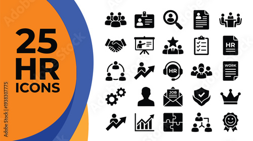 A collection of twenty-five human resources icons are presented on a.