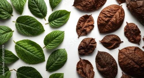 Tobacco leaf arrangement showing textural contrast of fresh and dried Nicotiana tabacum on white