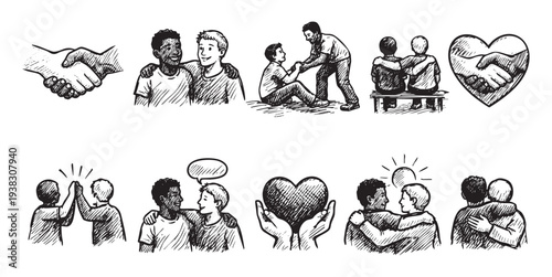 Black and white illustrations show diverse people with handshakes, hugs, and helping hands, representing friendship, love, support, and community in various positive scenarios.