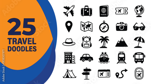 Twenty-five travel doodles illustrate various journey elements simply.