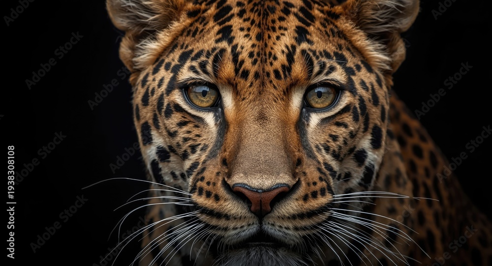 Obraz premium Dramatic close up of wild leopard face with prominent markings on dark background