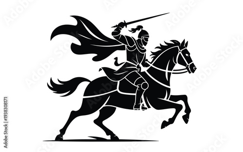 Medieval knight on horseback charges forward with sword raised high in dynamic motion