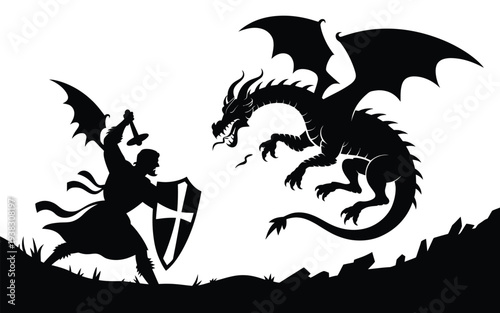 Knight in armor battling a fierce dragon with sword and shield in a mythical landscape scene illustration