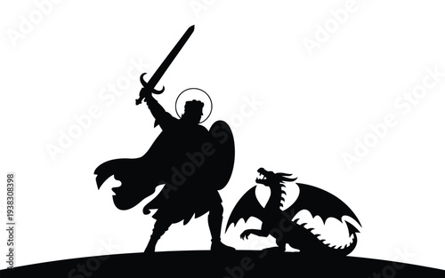 Saint michael the archangel fighting dragon silhouette illustration with sword and halo on white background