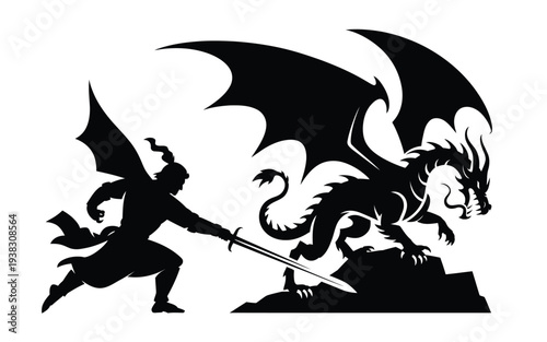 Daring warrior engages mythical dragon in epic battle scene dramatic silhouette fantasy artwork heroic struggle