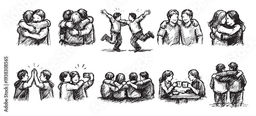 Black and white sketches of friends hugging, jumping for joy, taking selfies, drinking coffee, and supporting each other, depicting the joys of companionship and unity.