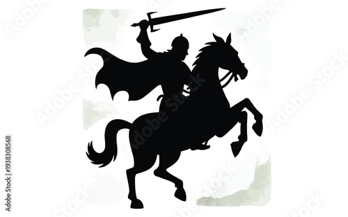 Medieval knight on horseback charges forward with sword raised high in dynamic motion against a subtle grey background