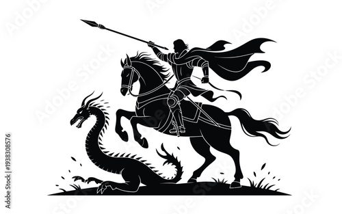Knight on horseback battling dragon medieval combat scene black and white illustration dynamic action mythical creature heroic warrior armor spear flowing cloak
