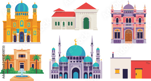 World Religious Buildings Set, Mosque, Synagogue, Temple, Church Architecture, Cultural Landmarks Collection, Flat Vector Illustration Isolated