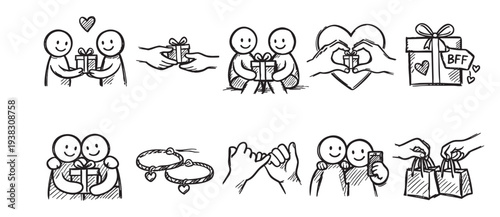 A collection of hand-drawn stick figure illustrations shows friendship themes like gift giving, hugs, pinky promise, and shopping together, conveying a warm and affectionate mood.