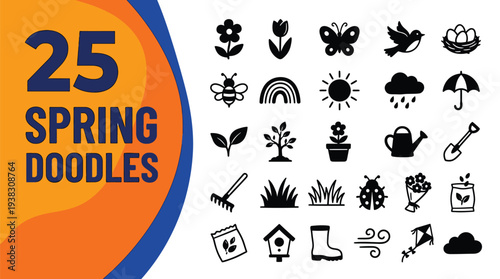 Assorted black spring doodles include flowers, insects, and gardening.