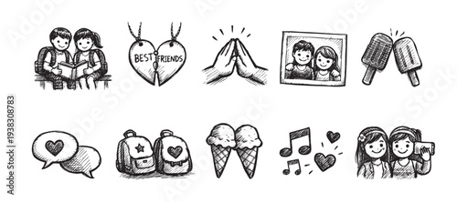 A playful collection of hand-drawn sketches depicting best friends, love, and shared experiences like studying, ice cream, and taking selfies, perfect for illustrating friendship or togetherness.