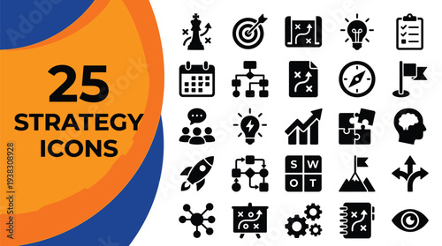 Twenty-five distinct strategy icons illustrate business planning.