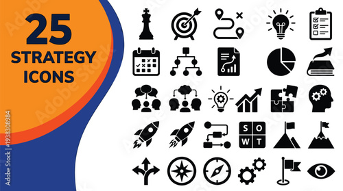 A collection of twenty-five strategy icons visualizes planning.