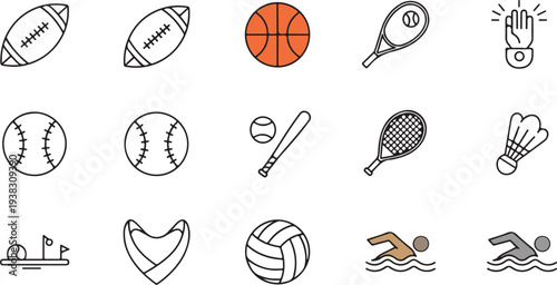 Sports Activity Line Icon Set with American Football Basketball Baseball Tennis Volleyball Swimming Badminton Symbols