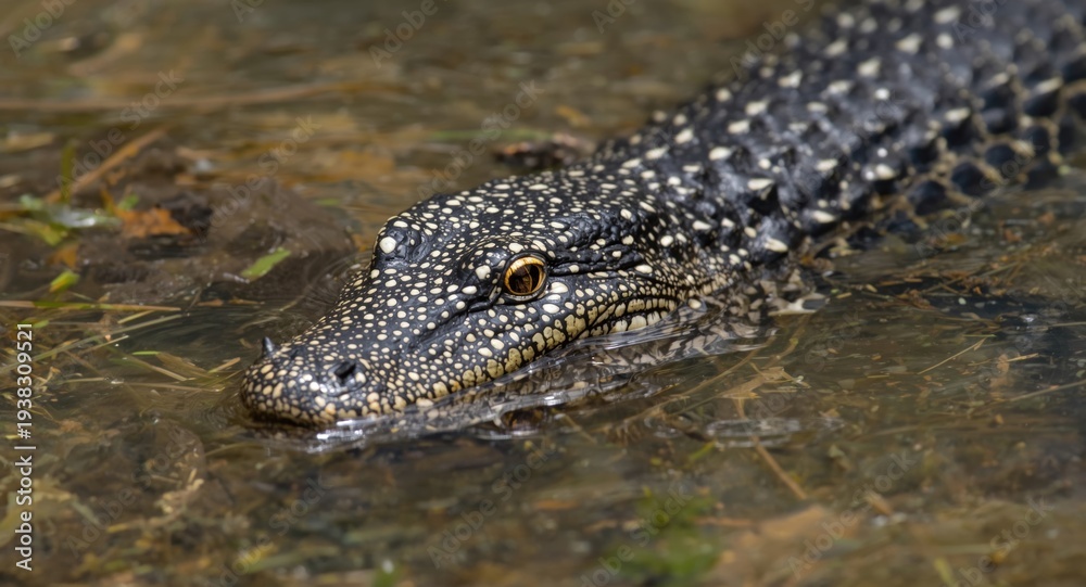 Obraz premium Close view of an Asian water monitor navigating shallow river waters