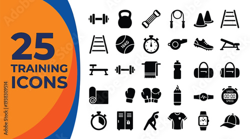 Collection of twenty-five fitness and training equipment icons.