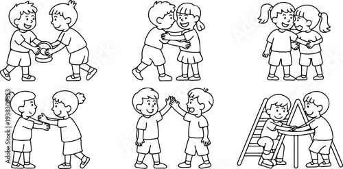 Children playing together showing friendship and social skills through sharing toys hugging and high fiveing