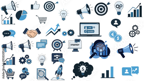 Modern business marketing strategy concept with vector icon collection showing analytics growth charts communication technology tools for digital enterprise success.