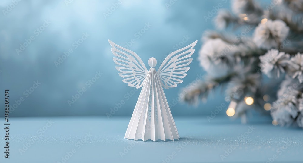 Obraz premium Festive card concept with a delicate paper angel set before a serene blue background and snow-covered Christmas tree