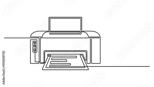 Continuous one line drawing of digital printer. Vector illustration of office printing machine isolated on white background. business printing needs. Minimalist technology concept