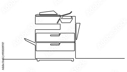 Continuous one line drawing of digital printer. Vector illustration of office printing machine isolated on white background. business printing needs. Minimalist technology concept