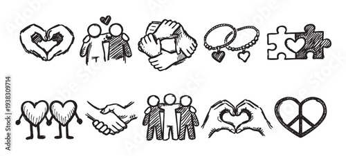 A collection of hand-drawn sketch illustrations depicting friendship, love, and unity, rendered in black and white with a rustic feel, suitable for social media or personal projects.