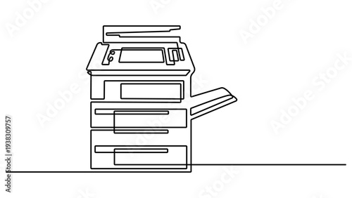 Continuous one line drawing of digital printer. Vector illustration of office printing machine isolated on white background. business printing needs. Minimalist technology concept