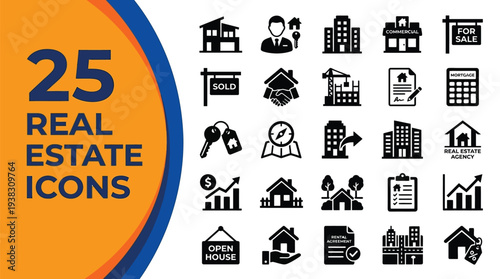Real estate icons depict property sales, investment,.