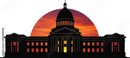 Government building stands against vibrant sunset background with dome and columns visible