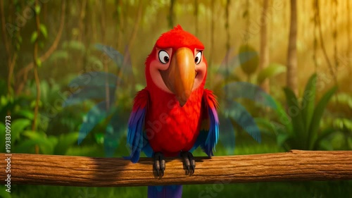 Animated scarlet macaw parrot perched on a jungle branch with lush greenery and soft lighting displaying cartoon bird character