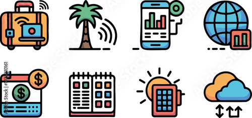 Colorful set of travel, technology, and business icons, illustration vector collection, perfect for web and app