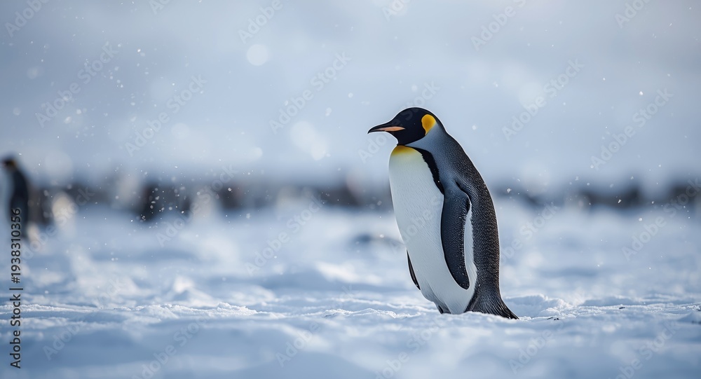 Obraz premium Emperor penguin on snowfield during light snow falling with soft focused winter bokeh landscape
