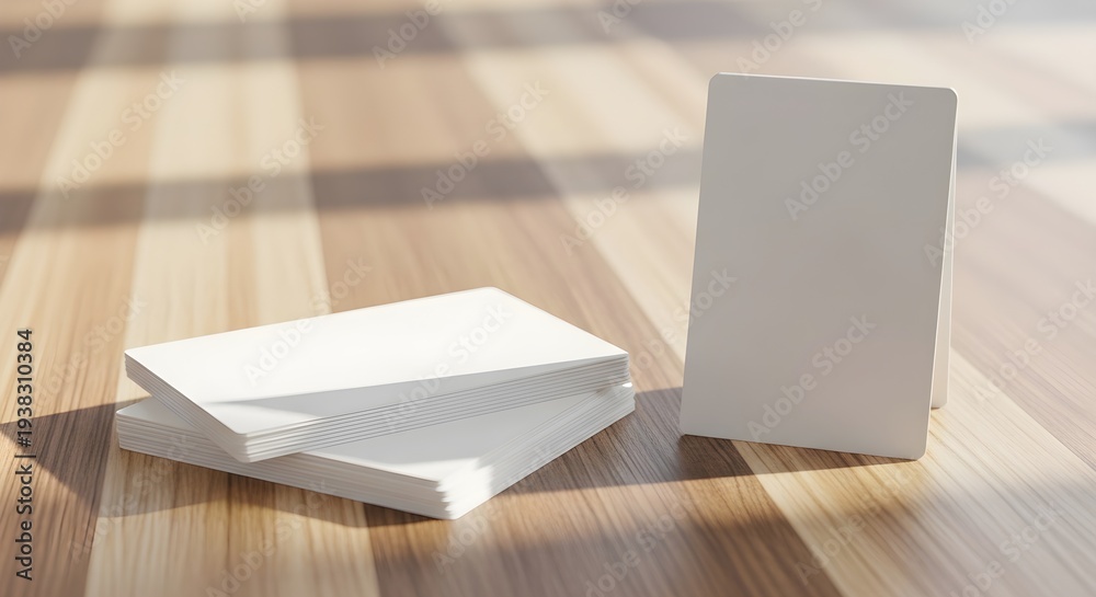 Fototapeta premium Stack of white blank business cards on wooden table with natural light