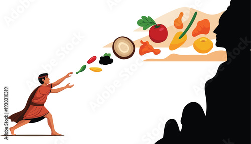 Man throwing vegetables and fruits from cliff to another person