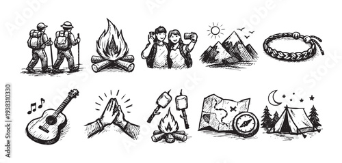 Hand-drawn set illustrating camping activities and symbols, including hikers, campfire, mountains, and a tent, ideal for travel and outdoor-themed projects.