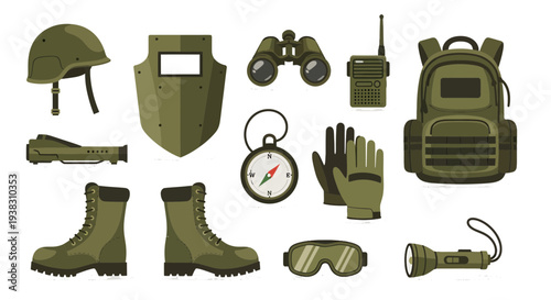 Military Equipment and Tactical Gear Vector Icon Set: Soldier Survival Kits, Combat Apparel, and Navigation Tools for Army Design