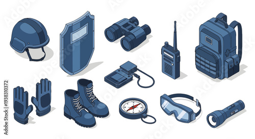 Isometric Military and Tactical Equipment Icons Set - Security, Combat Gear, and Survival Tools Illustration