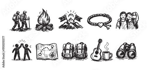 Set of camping and hiking themed sketch illustrations including hikers, campfire, mountains, map, guitar, binoculars, perfect for blogs or advertisements.