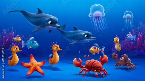 Animated underwater scene featuring playful dolphins,colorful fish,jellyfish,crabs,and seahorses amidst vibrant coral reefs