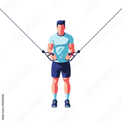 Man doing cable crossover exercise for chest and arms at gym, illustration