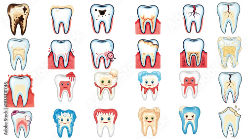 Funny Dental anatomy vector illustration showing tooth decay stages, infection damage, abscess formation, and oral healthcare diagram for education and treatment understanding.