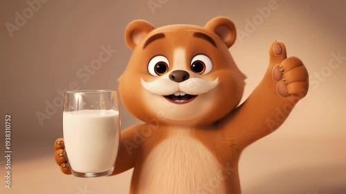 Cartoon bear character thumbs up with glass of milk promoting healthy eating and dairy consumption for kids and animation projects