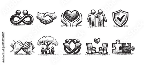 A hand-drawn illustration displays various icons representing love, security, community, and support; ideal for themes of relationships, family, safety, and connection in a visual and symbolic way.