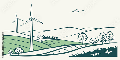 Countryside Wind Farm Minimal Vector Landscape