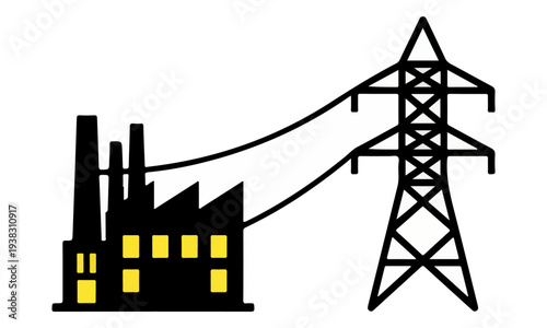 Industrial Factory and Electric Power Tower Silhouette Icon