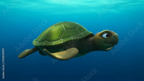 Animated sea turtle swimming gracefully underwater with sunlight reflections in tranquil blue ocean environment