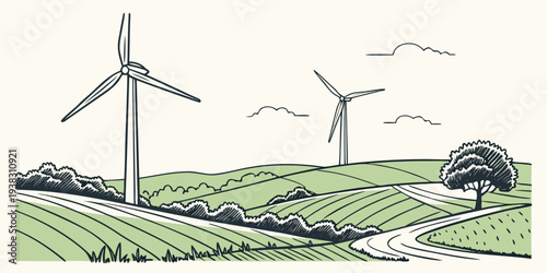 Countryside Wind Farm Minimal Vector Landscape